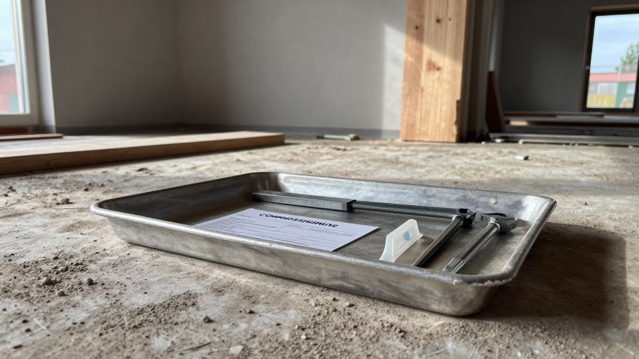 Construction Deficiency Tag Tray in Bulgarian Mechanical Room in in a mechanical room under buildout in Bulgaria