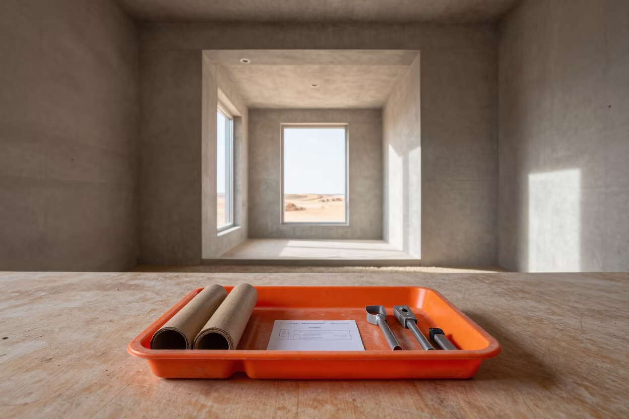 Construction Deficiency Tag Tray in Gobi Stair Tower in inside a bare shell stair tower in the Gobi Desert