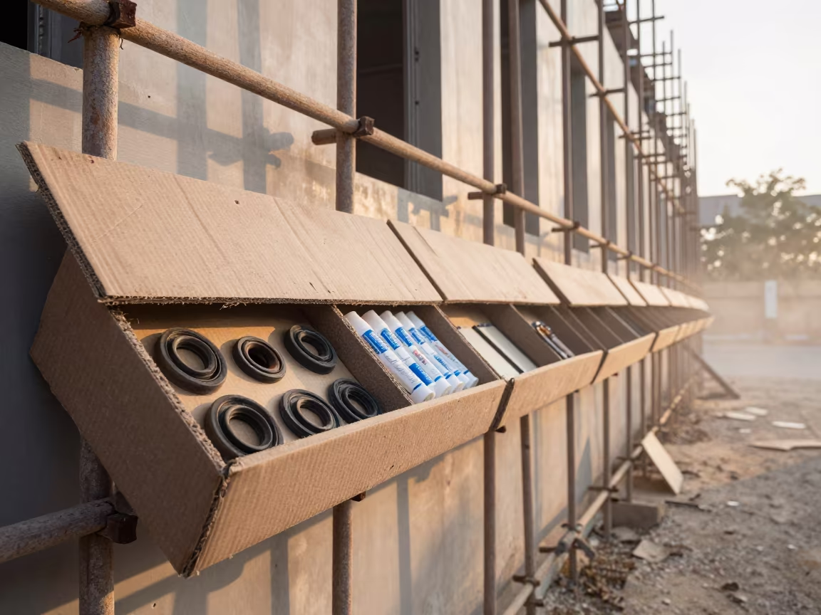 Construction Drawer with Sealant Samples in Da Nang in along a scaffolded facade near Da Nang