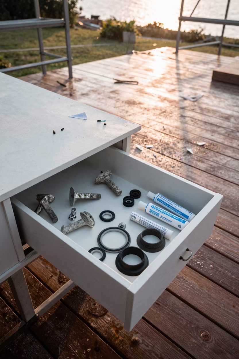 Construction Drawer with Sealant Samples Near Porlamar in on an active construction deck near Porlamar