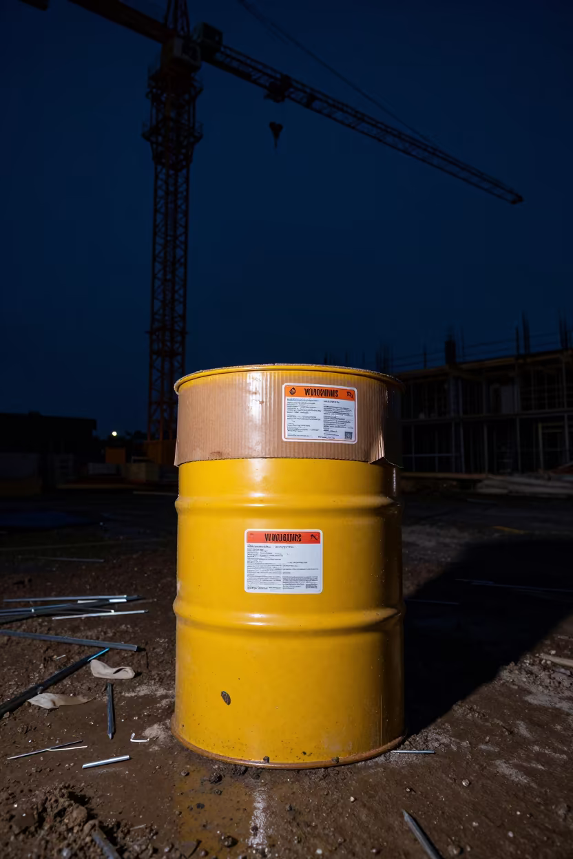 Construction Drum Under Crane at Night in beneath a tower crane on open ground in Louisiana