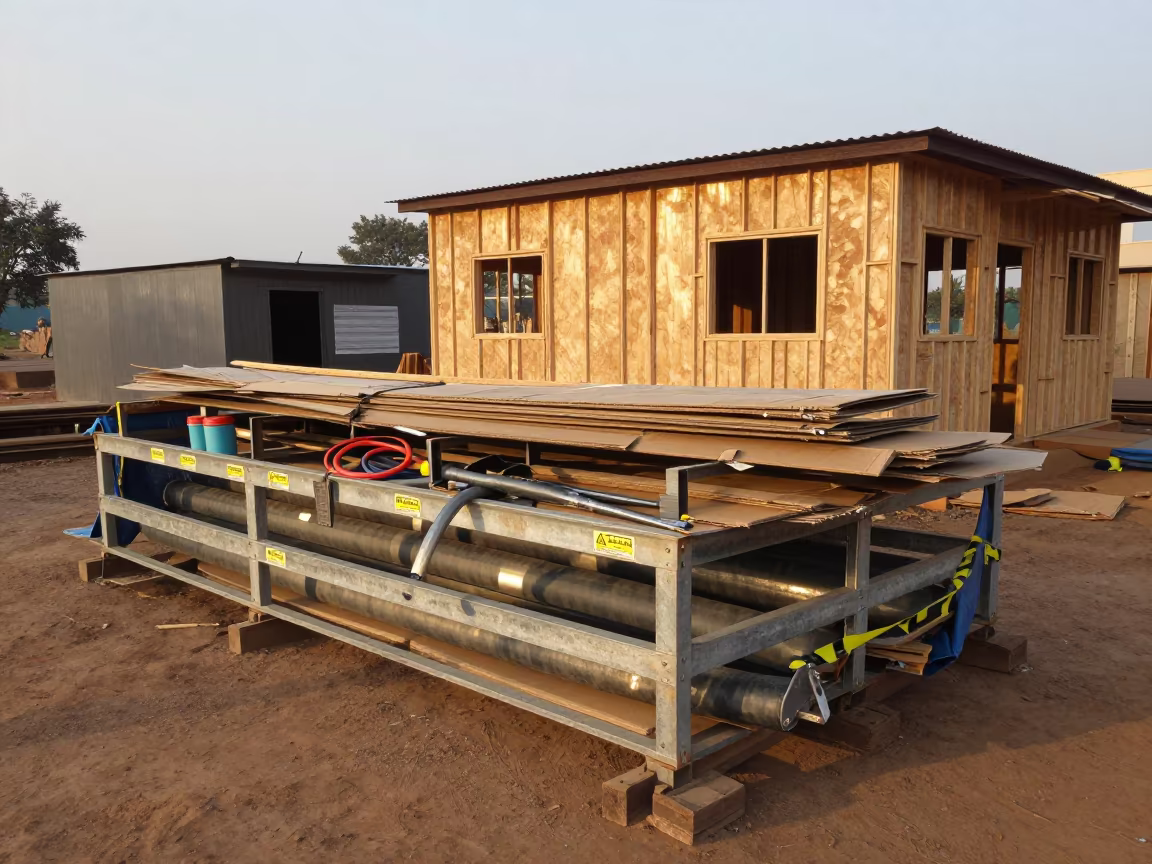 Construction Duct Rack in Benin Afternoon Light in beside a framed building shell in Benin