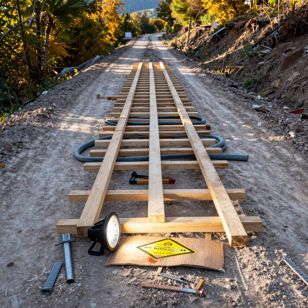 Construction Duct Rack on Muddy Road in at a muddy site access road in the Caucasus