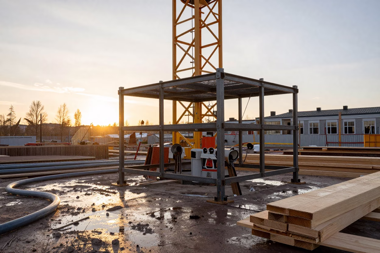 Construction Duct Rack Under Tower Crane Helsinki in beneath a tower crane on open ground in Helsinki