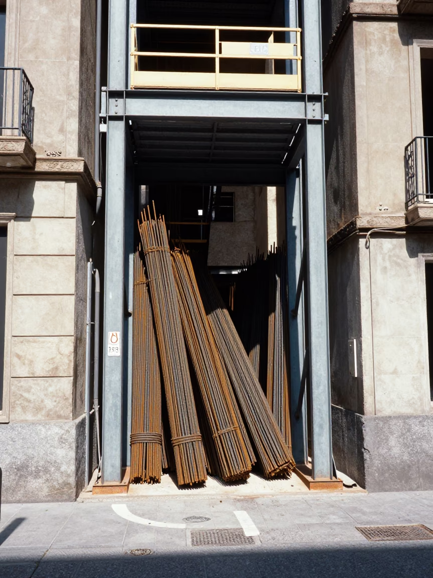 Construction Elevator Gate with Rebar Bundles in Bilbao Spain Midday in in Bilbao, Spain