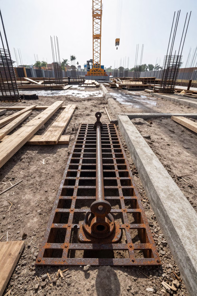 Construction Grate Stand Under Crane in Comoros in beneath a tower crane on open ground in Comoros