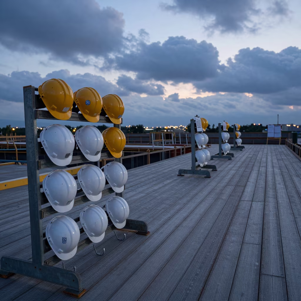 Construction Hard Hat Rack at Twilight in Chubu in on an active construction deck in Chubu