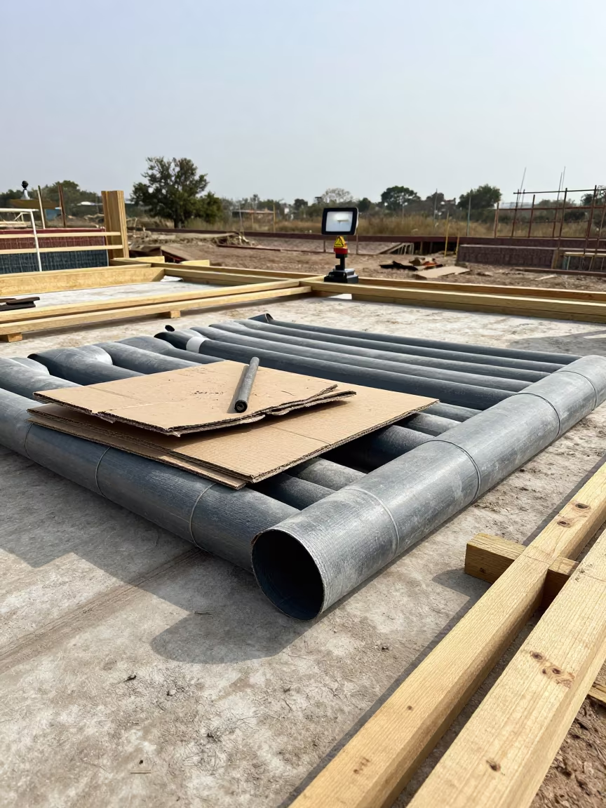 Construction Heat Duct Rack Noon Light in on an active construction deck in Tocuyito
