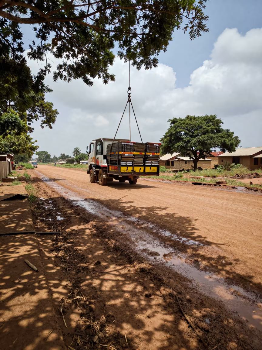 Construction Hoist Bundles on Muddy Road in Gambia in at a muddy site access road in Gambia
