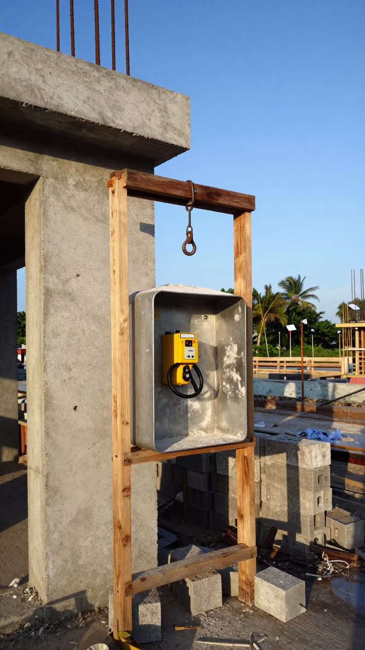 Construction Hoist Call Station Jamaica Afternoon in beside a framed building shell in Jamaica