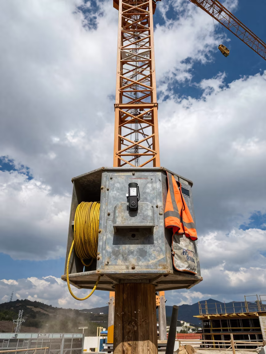 Construction Hoist Call Station Under Tower Crane in beneath a tower crane on open ground near Rhodes