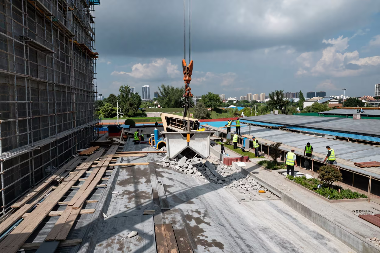 Construction Hoist Debris Pan on Chengdu Facade in along a scaffolded facade in Chengdu