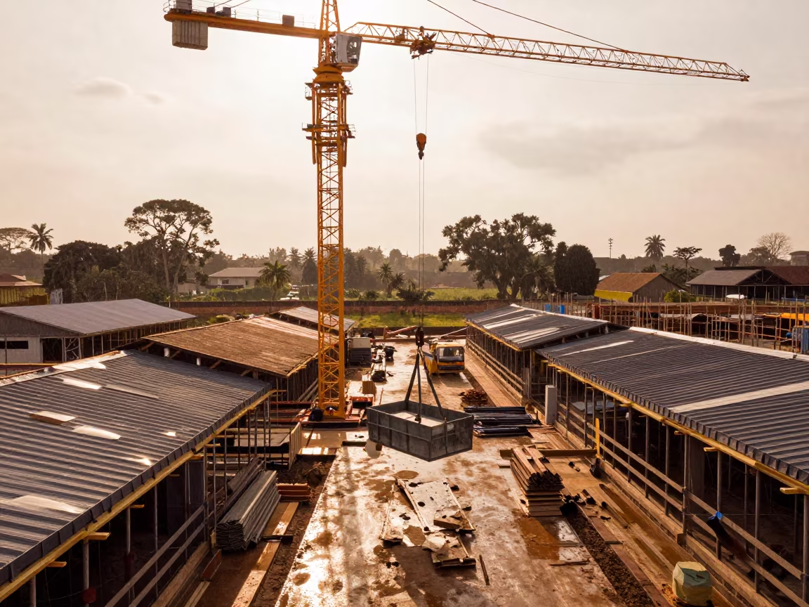 Construction Hoist Debris Pan Under Tower Crane in beneath a tower crane on open ground near Bamenda
