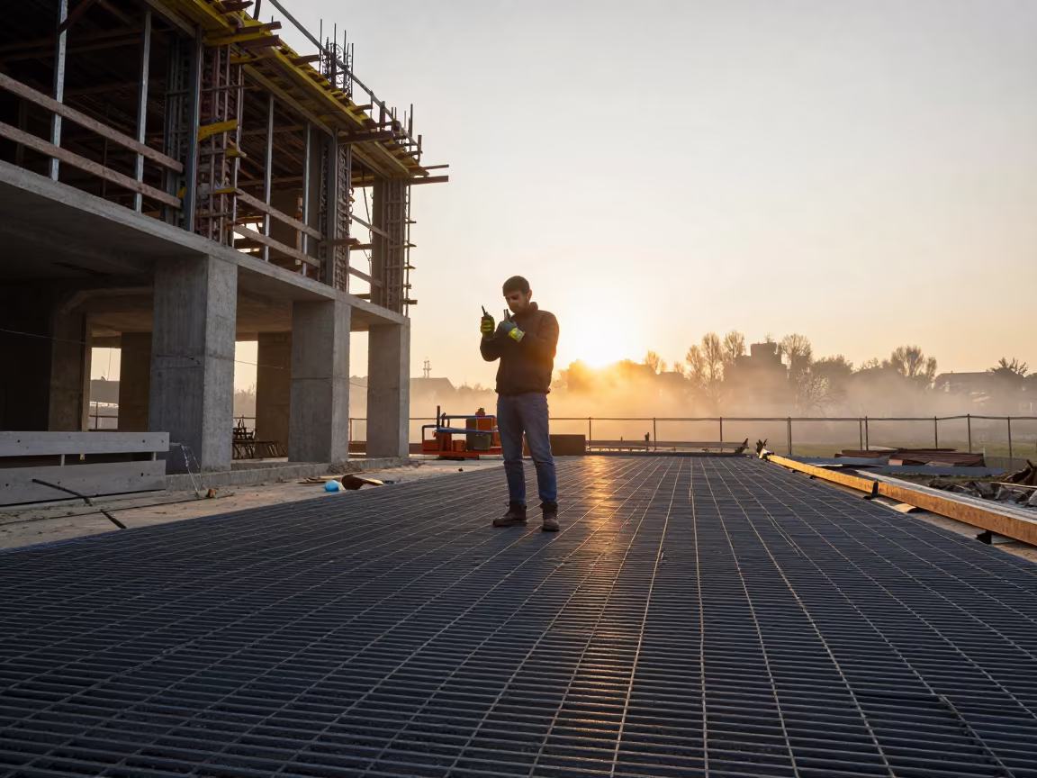 Construction Hoist Landing at Sunset in North Macedonia in beside a framed building shell in North Macedonia