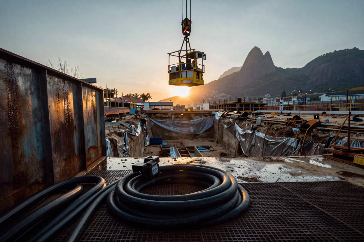 Construction Hoist Landing at Sunset in Rio in inside a taped-off excavation edge in Rio de Janeiro state
