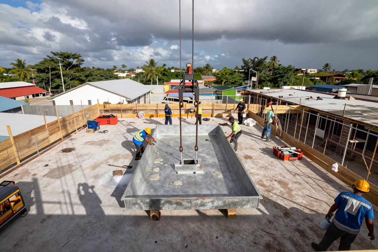 Construction Hoist Pan on Active San Pedro De Macoris Deck in on an active construction deck in San Pedro de Macorís