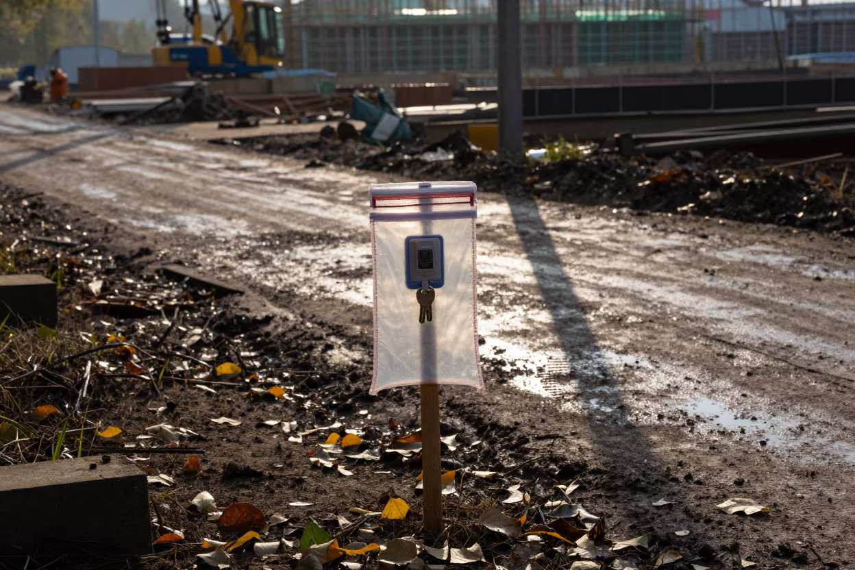 Construction Key Pouch on Anhui Road at Dawn in at a muddy site access road in Anhui