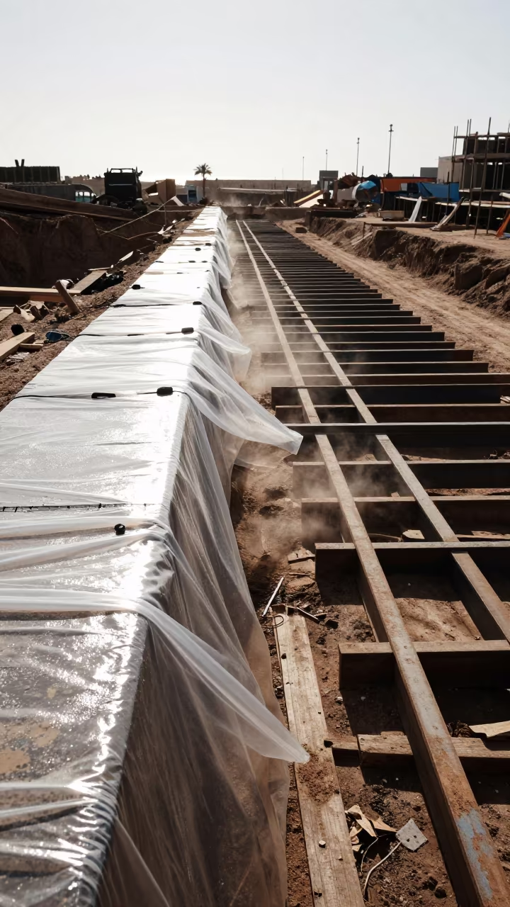 Construction Lighting String Excavation Libya in inside a taped-off excavation edge in Libya