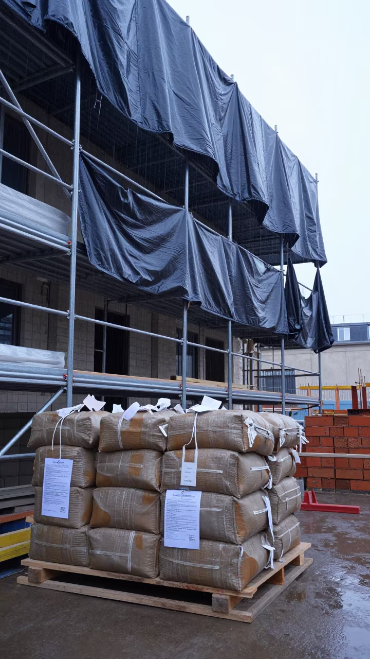 Construction mortar bag tarp rack dawn Bordeaux in along a scaffolded facade in Bordeaux