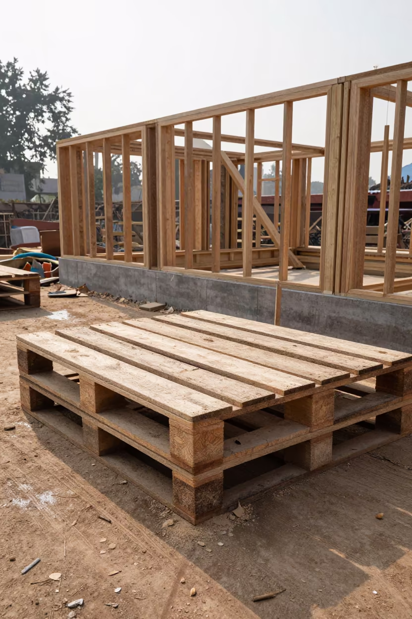 Construction Pallet with Boot Marks in Delhi in beside a framed building shell near Lajpat Nagar, Delhi