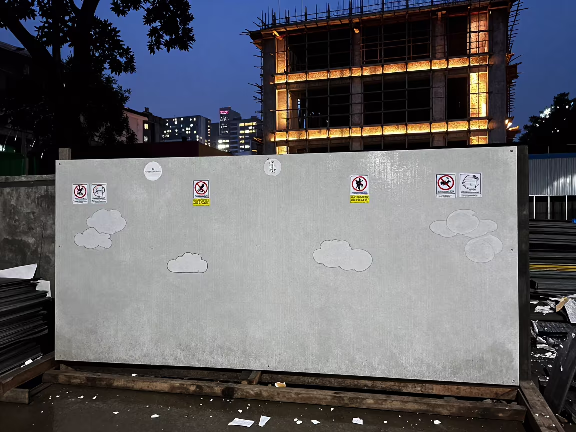 Construction Permit Board Silhouette at Dusk in Bangladesh in beside a framed building shell in Bangladesh
