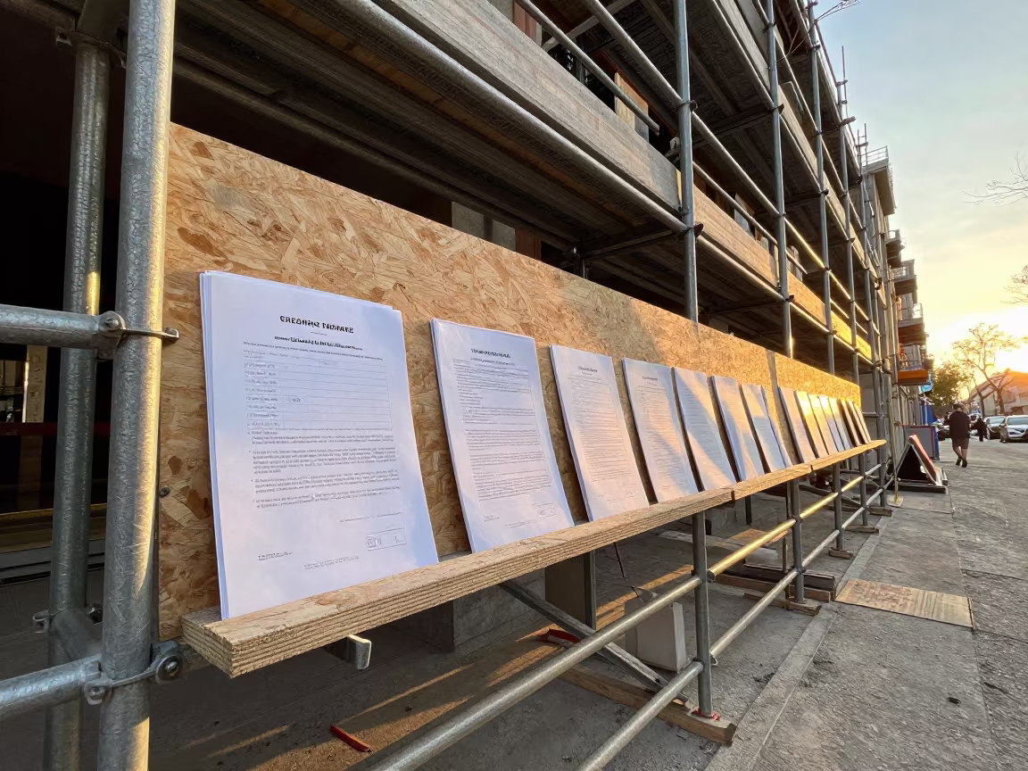 Construction Permit Shelf Sunset Barcelona in along a scaffolded facade in Eixample, Barcelona