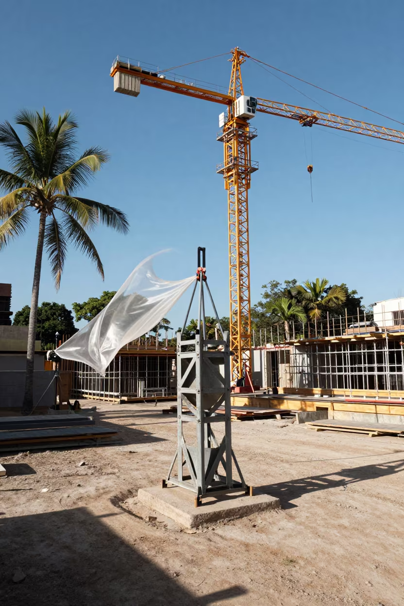 Construction Pin Bucket Under Crane in Santiago in beneath a tower crane on open ground near Santiago de los Caballeros