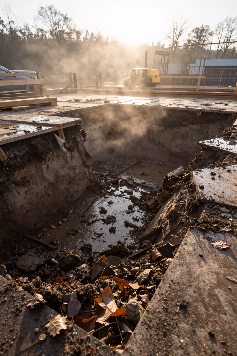 Construction Pit Morning Light Dust Tennessee in on an active construction deck in Tennessee