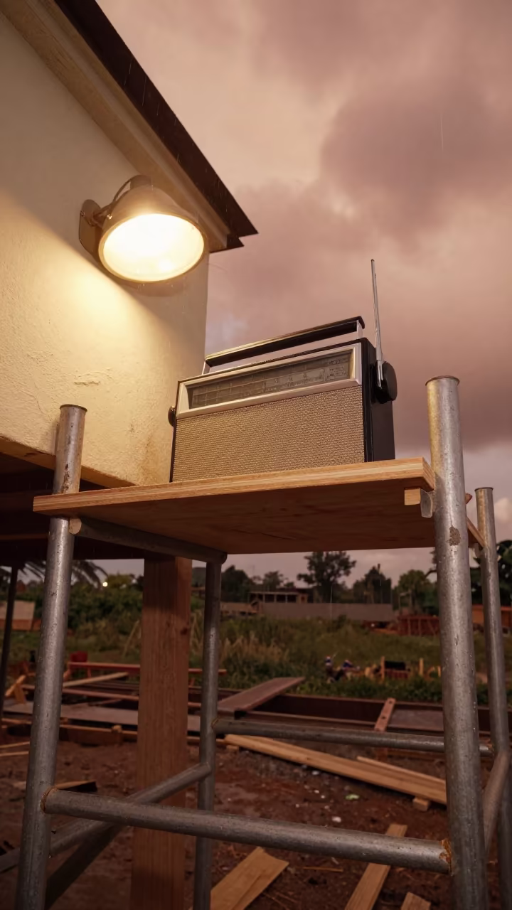 Construction Radio Shelf on Rufisque Scaffold in along a scaffolded facade in Rufisque