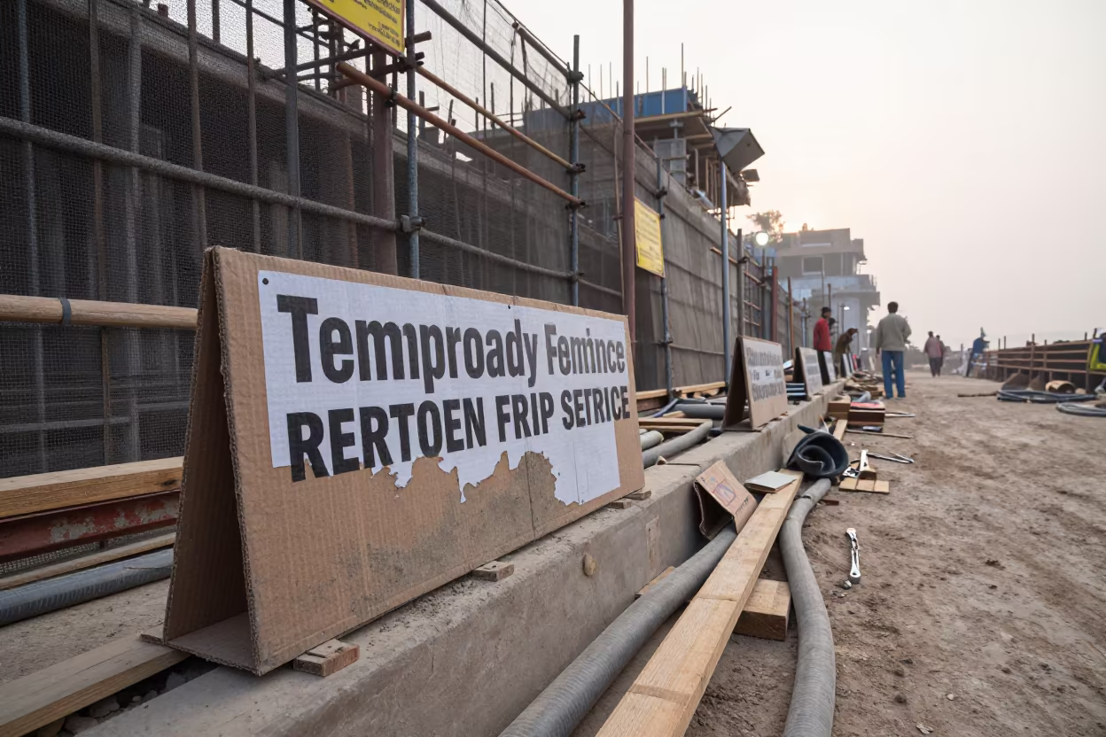 Construction Restroom Rail at Varanasi Dawn in inside a taped-off excavation edge in Dashashwamedh, Varanasi