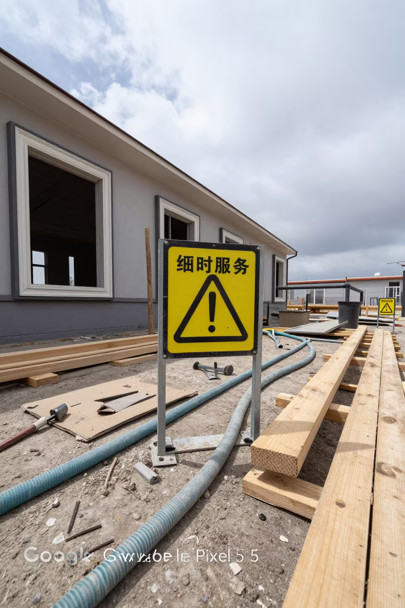 Construction Restroom Rail with Warning Tags in beside a framed building shell in Xinjiang