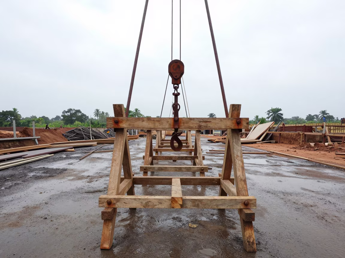 Construction Rod Rack Under Crane Karnataka in beneath a tower crane on open ground in Karnataka
