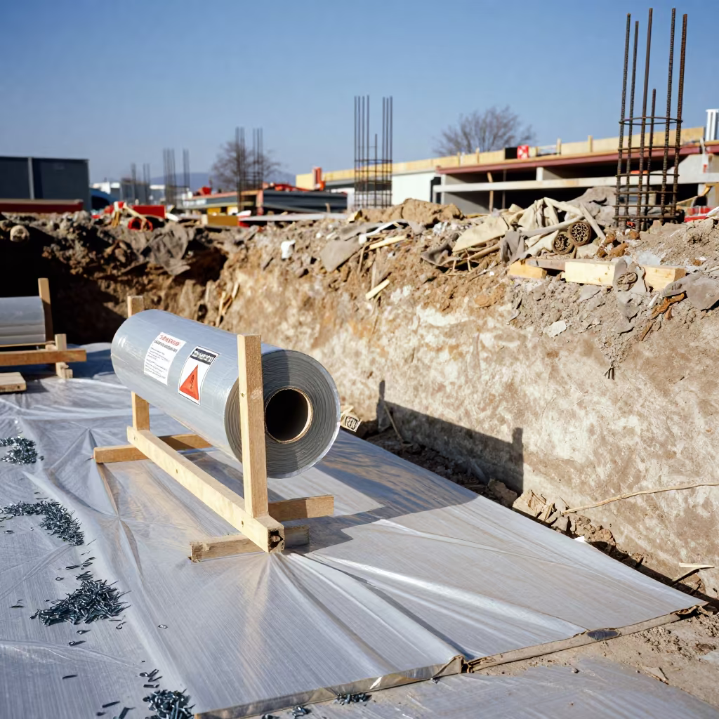 Construction Roll Stand Near Excavation Edge in inside a taped-off excavation edge near Patras