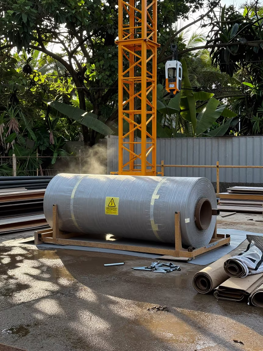 Construction Roll Stand Under Crane in Wet Season in beneath a tower crane on open ground in El Limón