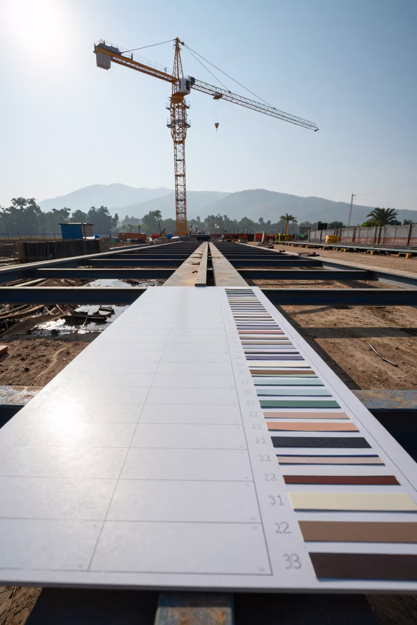 Construction Sample Board Under Tower Crane in beneath a tower crane on open ground near Hyderabad