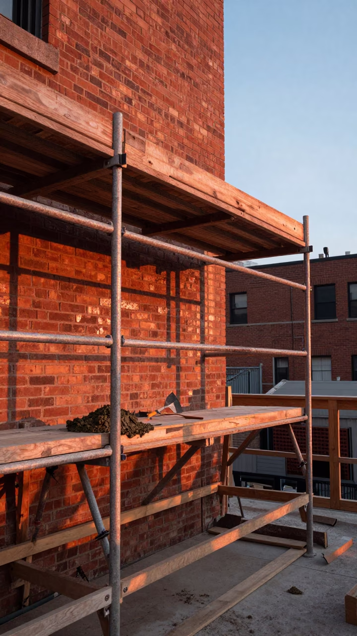 Construction Scaffolding in Toronto at Copper-toned Light Before Dusk in in Toronto, Ontario, Canada