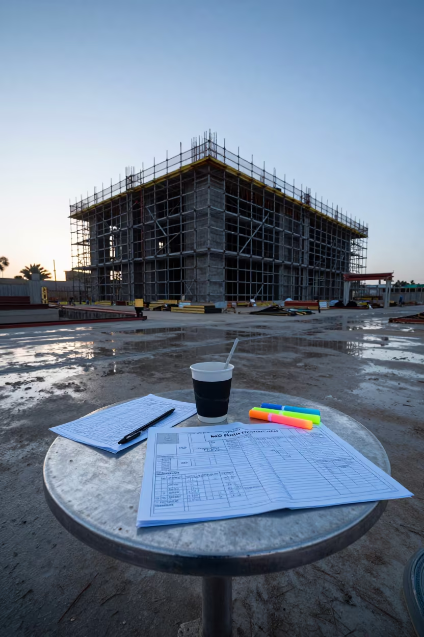 Construction Schedules on Table Before Dawn in Djibouti in along a scaffolded facade in Djibouti
