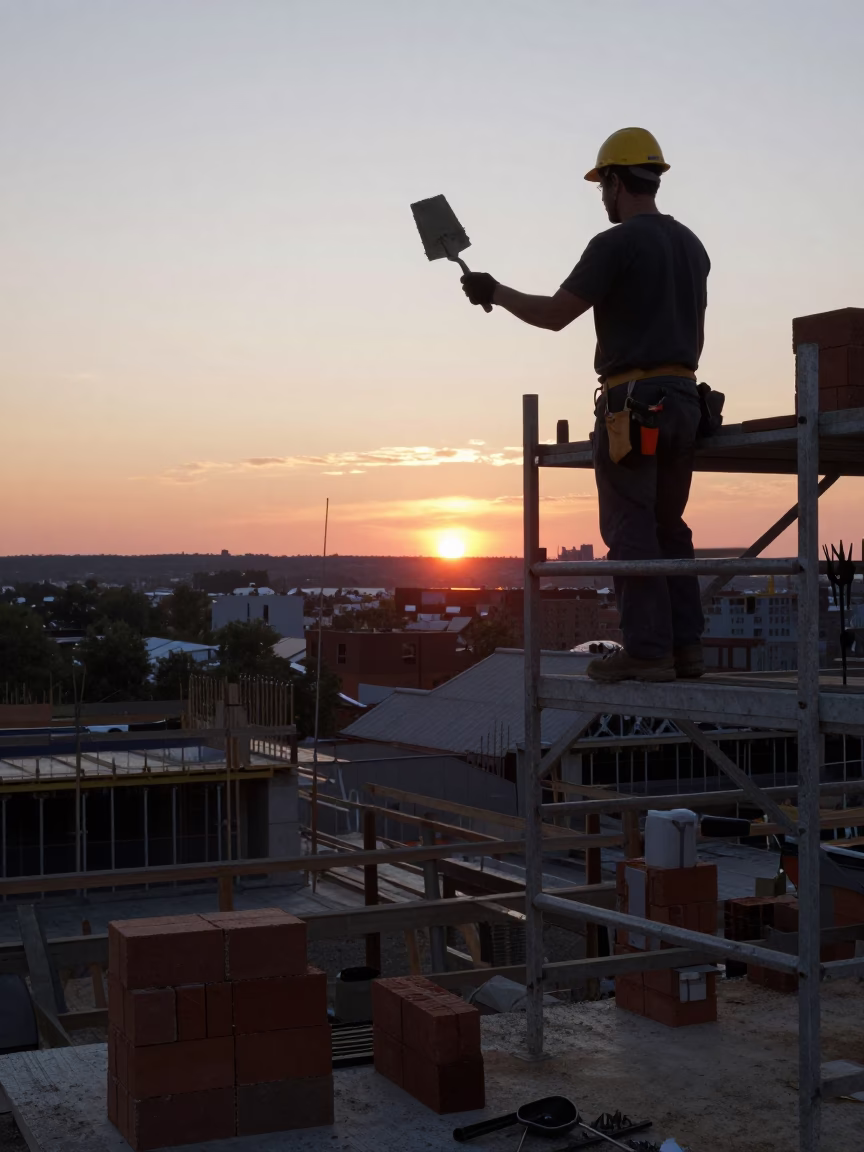 Construction Site at Sunset in Montreal Quebec with Mason Tools and Mortar in in Montreal, Quebec, Canada