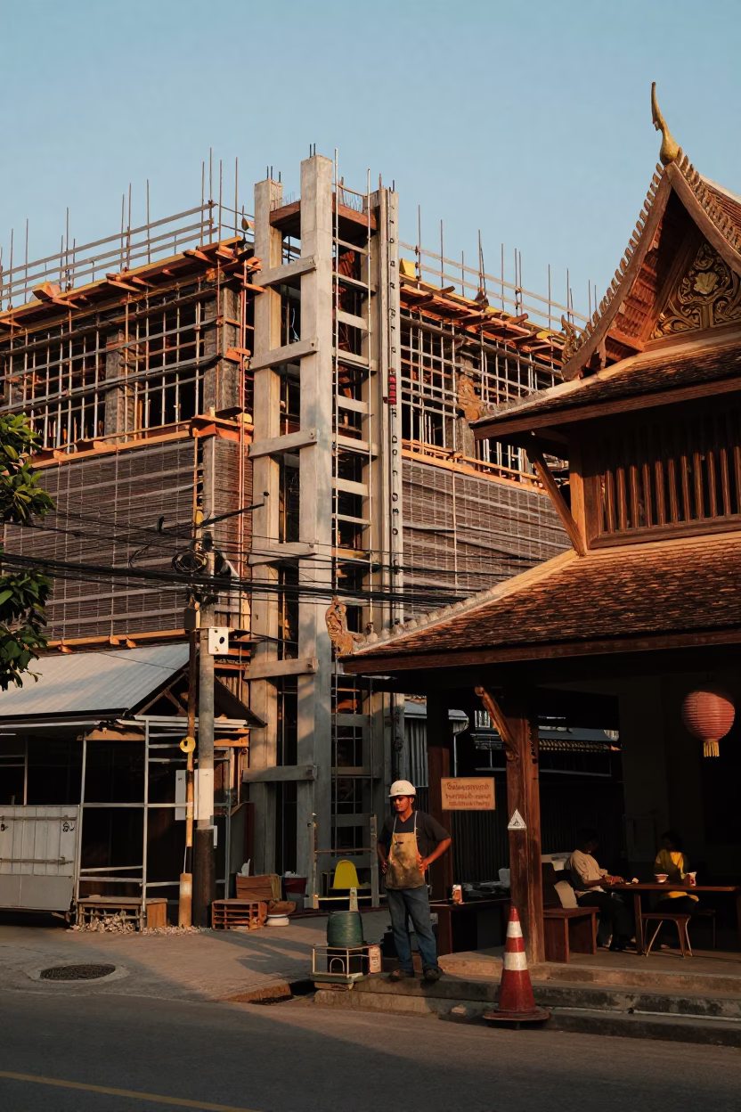Construction Site in Chiang Mai at Honeyed Evening Light in in Chiang Mai, Thailand