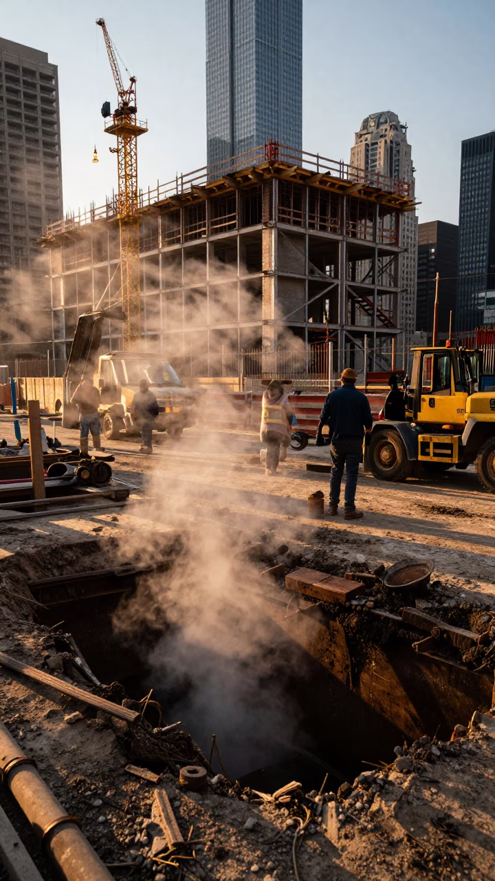Construction Site in Chicago at Honeyed Evening Light in in Chicago, Illinois, United States