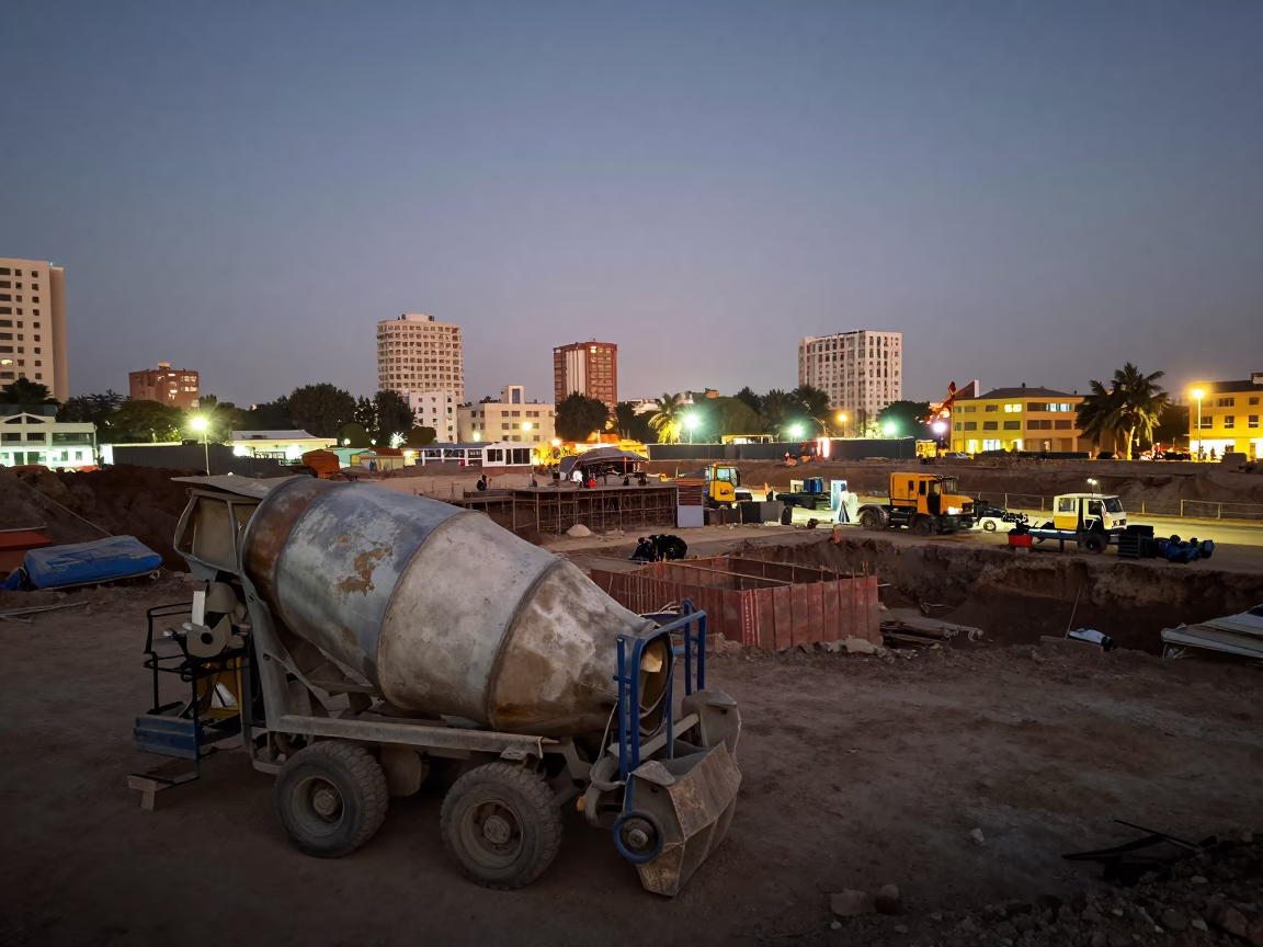Construction Site in Dakar at As City Lights Begin To Glow in in Dakar, Senegal