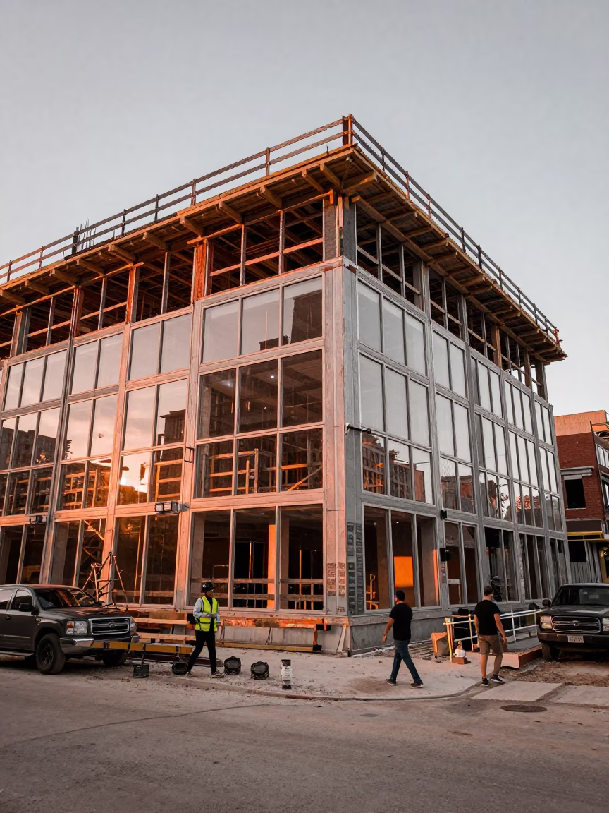 Construction Site in Montreal at Copper-toned Light Before Dusk in in Montreal, Quebec, Canada