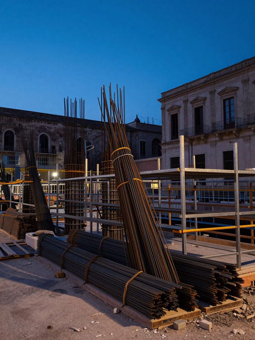 Construction Site in Palermo at Indigo Twilight After Sunset in in Palermo, Italy
