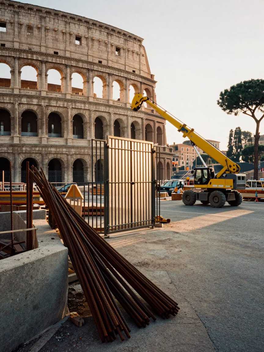 Construction Site in Rome at As First Light Reaches The Scene in in Rome, Italy