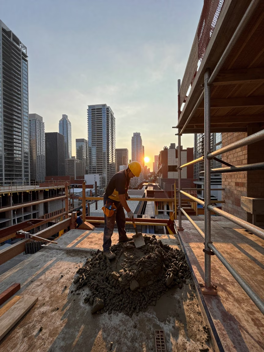 Construction Site in Toronto at As The Sun Drops Toward The Horizon in in Toronto, Ontario, Canada