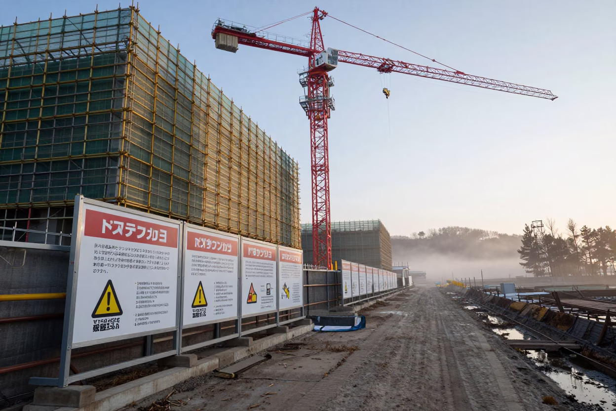 Construction Site Poster Before Sunrise in Kyushu in beneath a tower crane on open ground in Kyushu