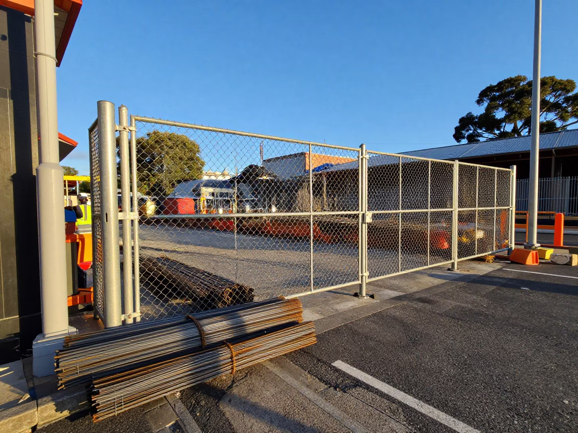 Construction Site Safety Gate and Rebar Bundles in Hobart Tasmania Afternoon in in Hobart, Tasmania, Australia