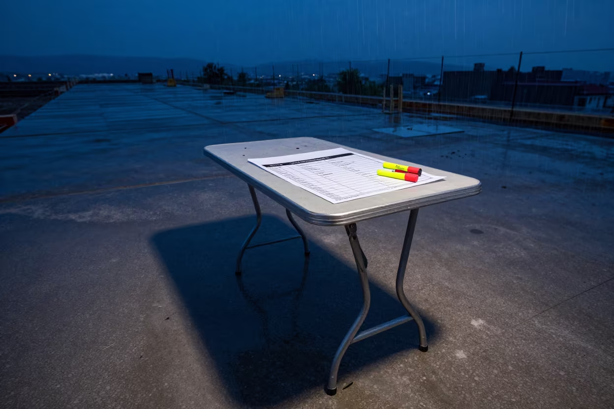 Construction Site Table at Indigo Twilight Rain in on an active construction deck in North Macedonia