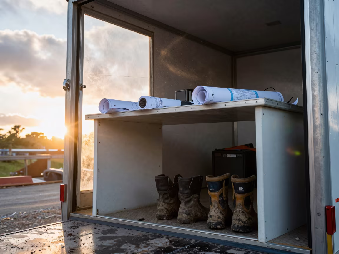 Construction Site Trailer at Dawn in on an active construction deck in Gold Coast