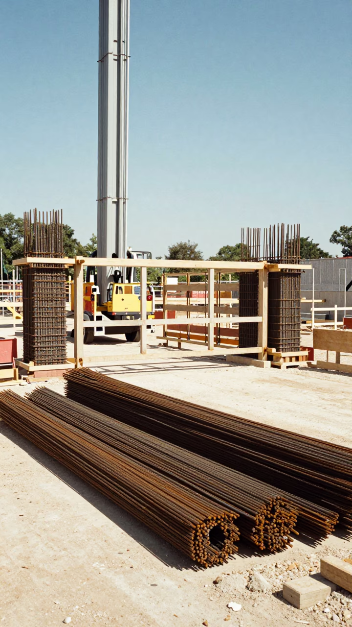 Construction site with rebar bundles and elevator gate under Texas noon sun in in Austin, Texas, United States